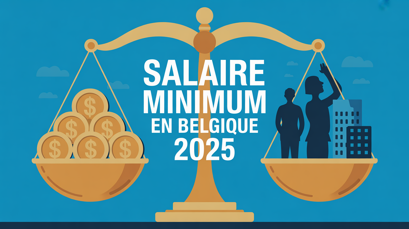 Illustration balance pieces employes salaire minimum Belgique 2025