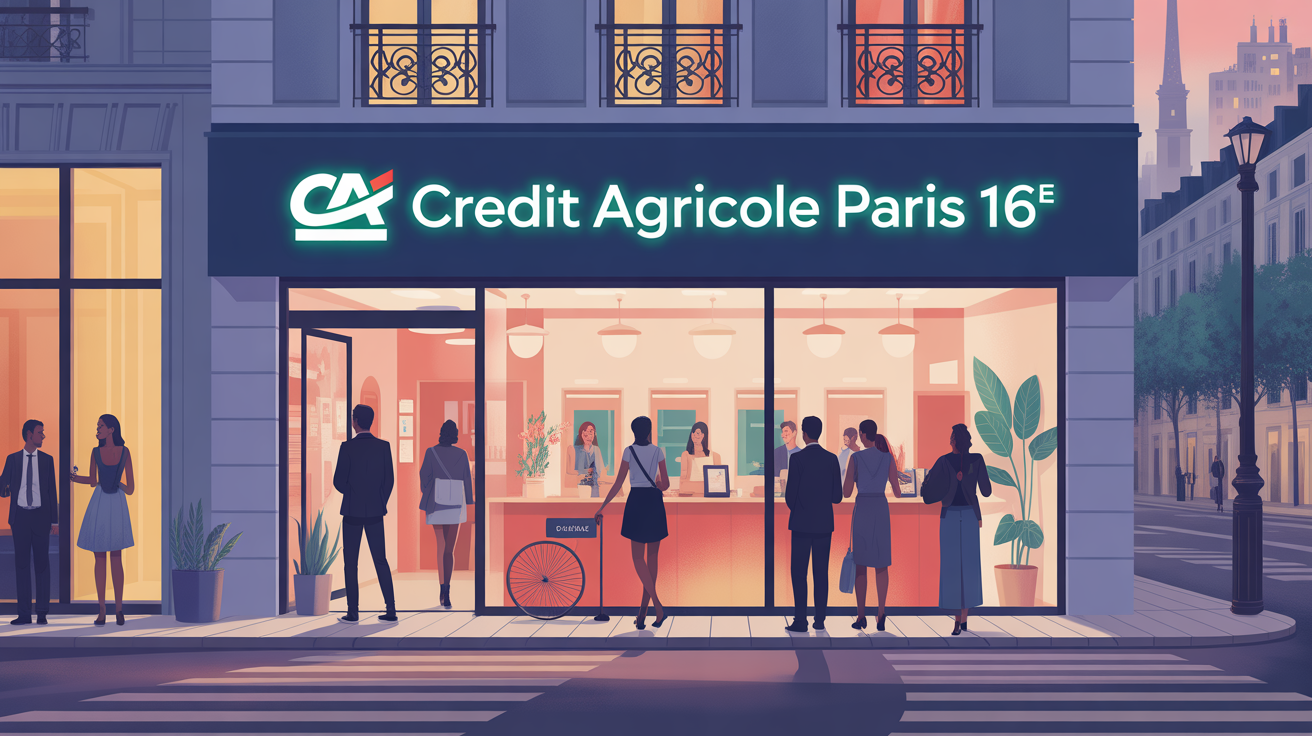 Agence Credit Agricole Paris 16e, façade et clients, quartier familial