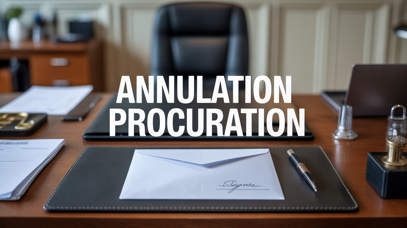 Vue sur bureau et enveloppe signée annulation procuration