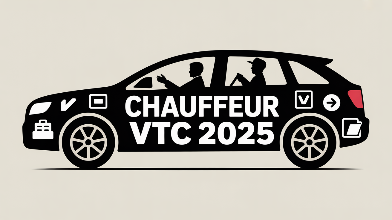 Route urbaine stylisée avec berline noire et pictogrammes chauffeur VTC