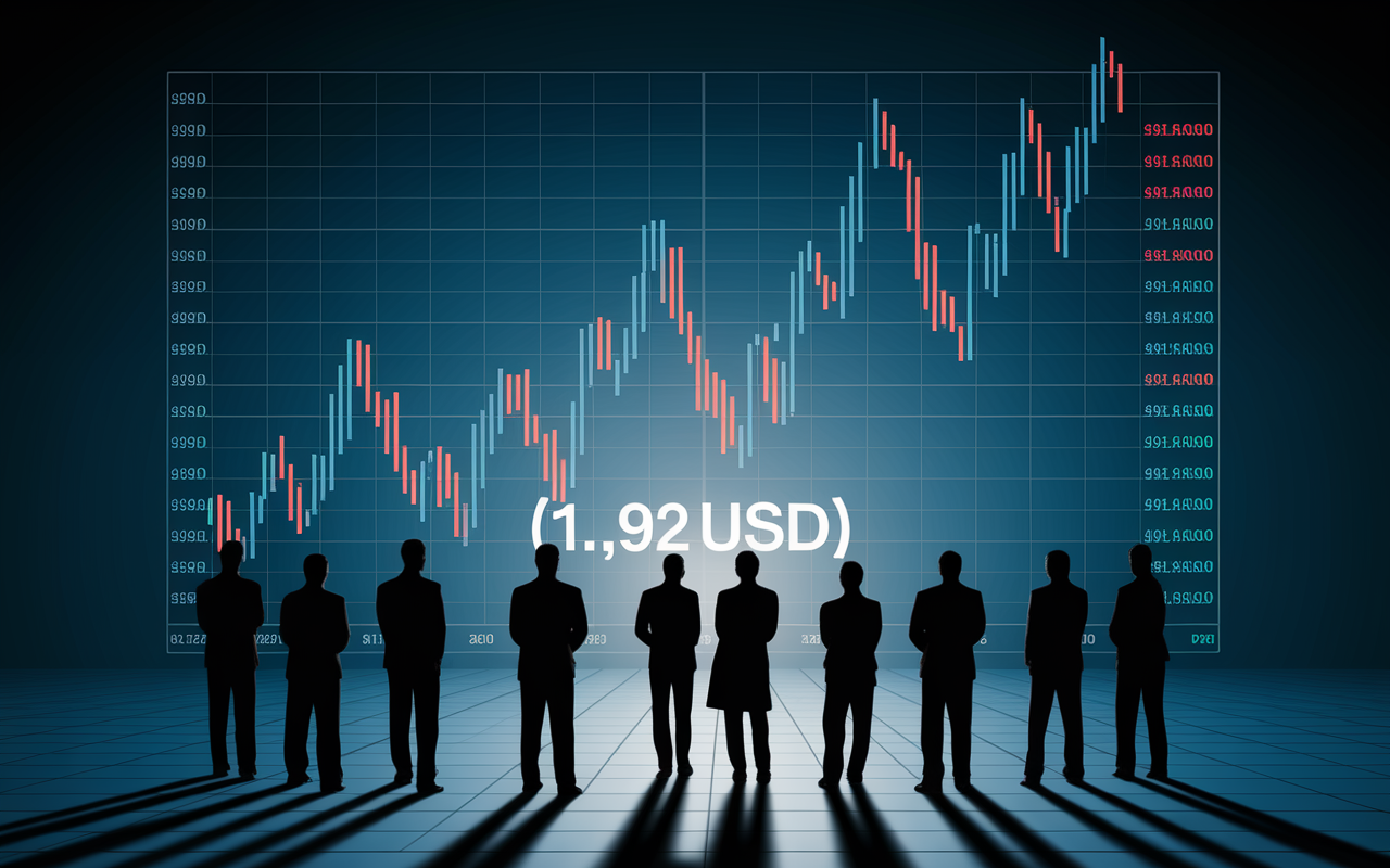 Graphique XRP fluctuant, 1.92 USD, silhouettes, ambiance nerveuse