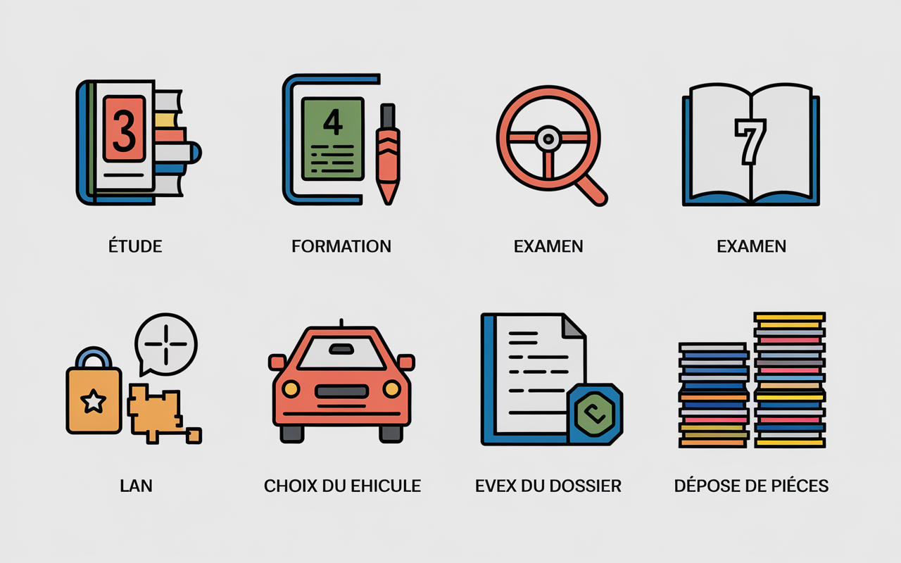Frise chronologique étapes chauffeur VTC 2025 icônes