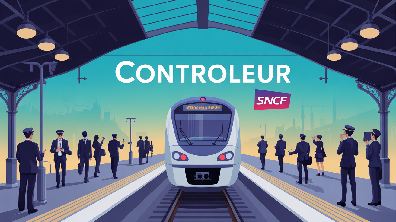 Controleur SNCF quai gare, silhouettes voyageurs, ambiance dynamique