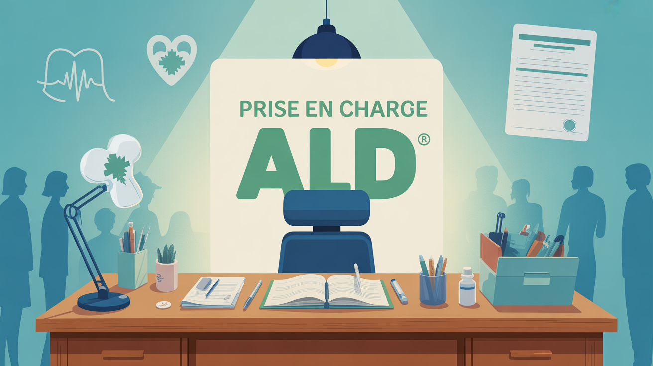 Prise en charge ALD, dossier médical ouvert, symboles santé