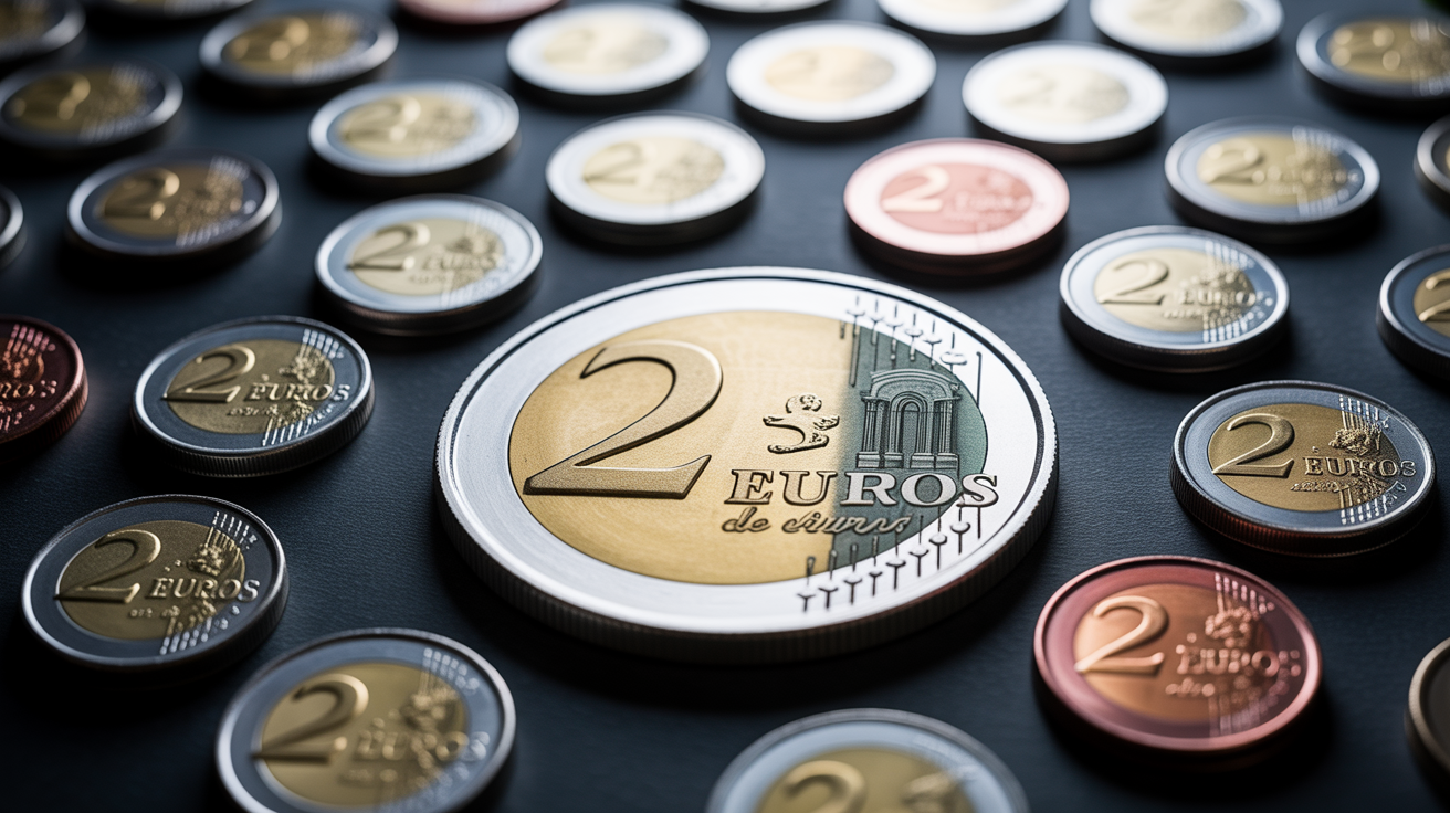 Pièces de 2 euros neuves et anciennes en gros plan