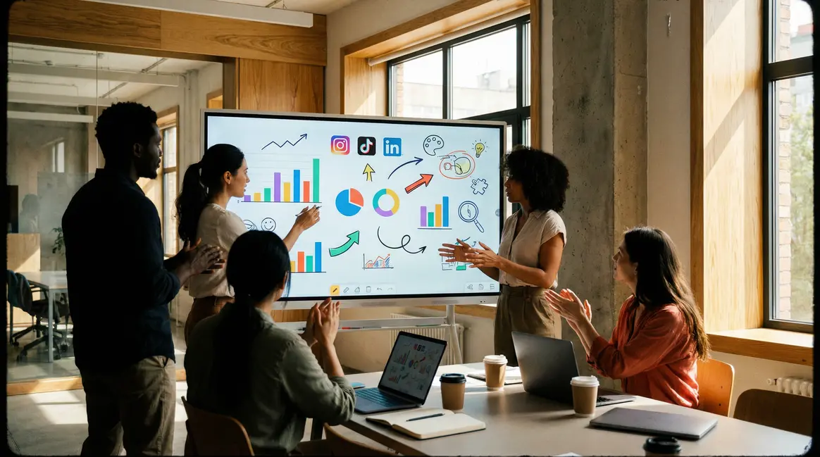 équipe marketing devant tableau digital, créativité et stratégie
