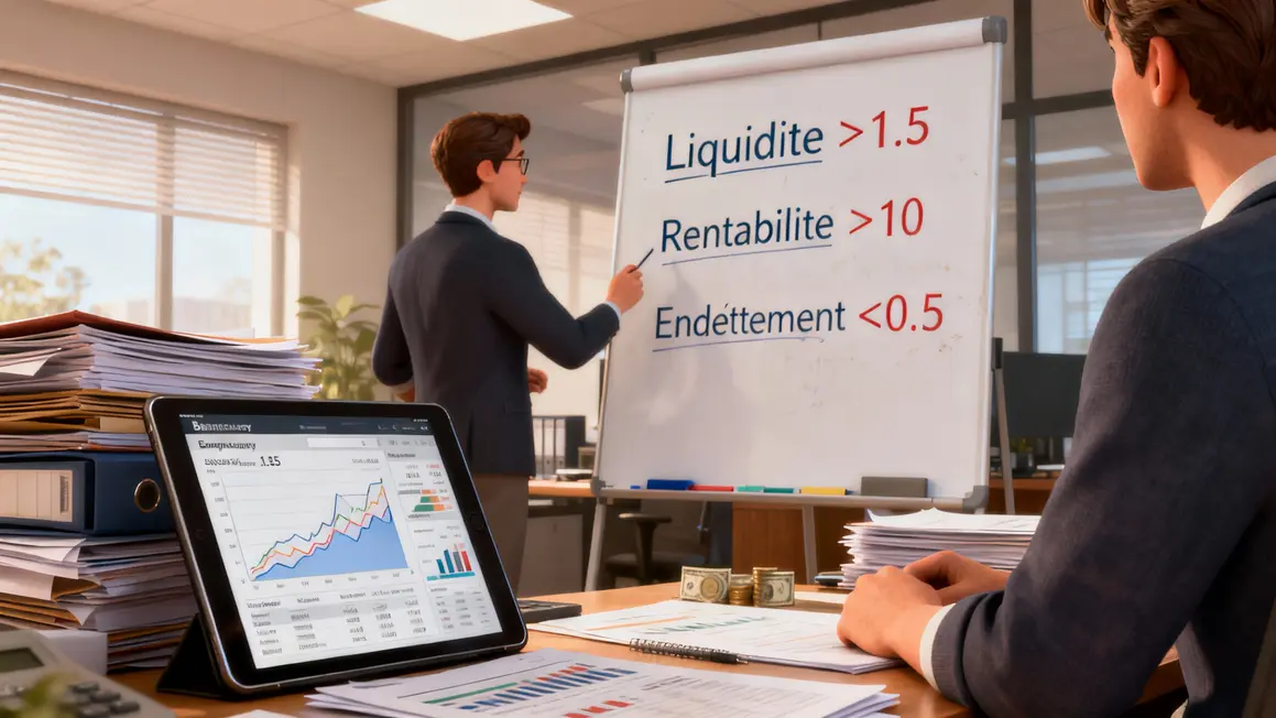 Tableau bilan financier avec ratios liquidite rentabilite endettement
