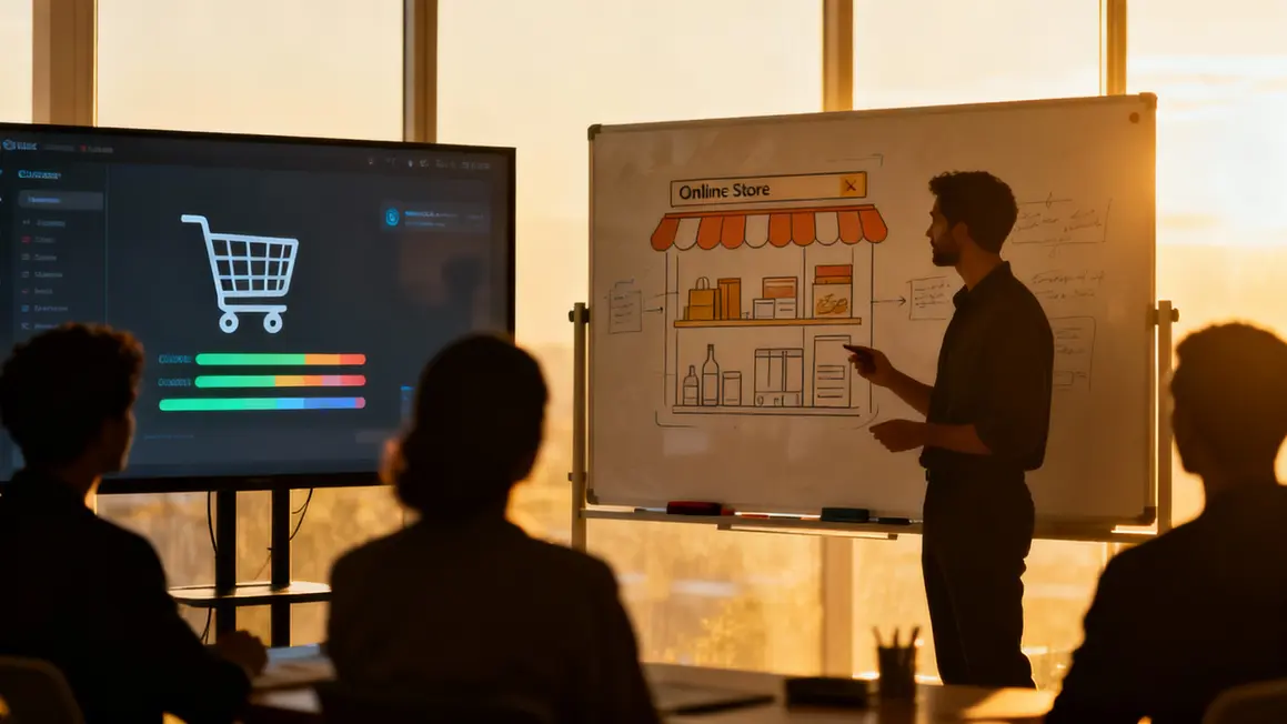 Formateur e-commerce explique boutique sur tableau digital