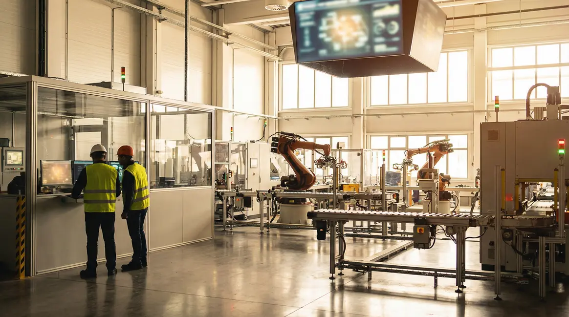 usine moderne optimisée avec chaines automatisées et capteurs industriels
