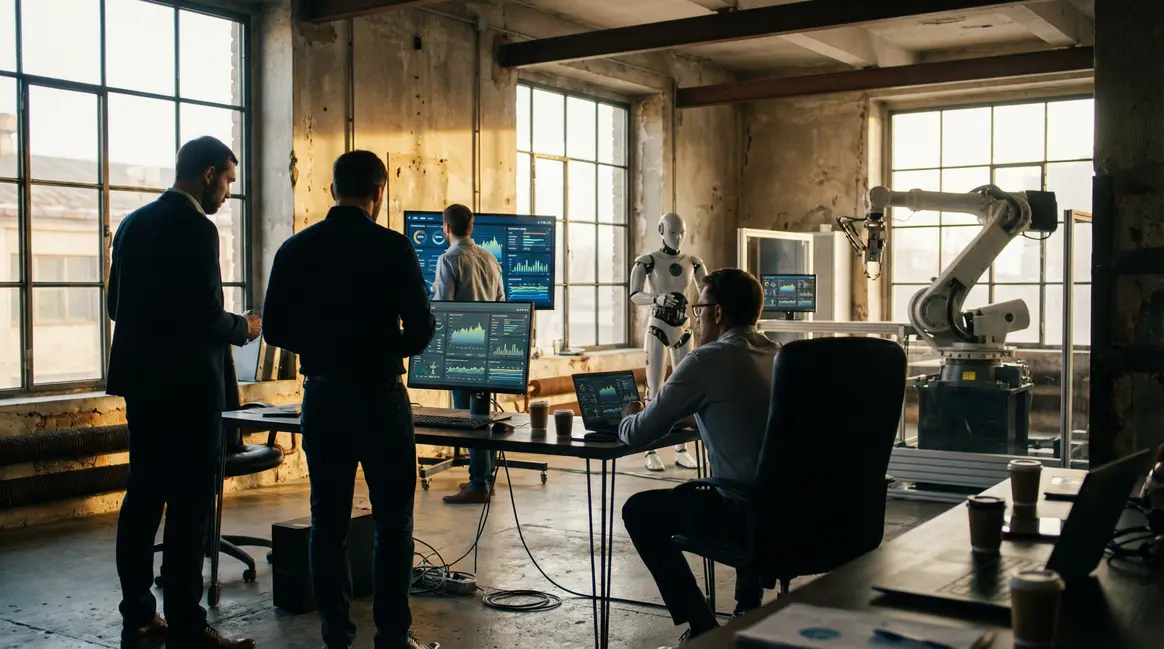 Salle de controle digitale avec managers et robot