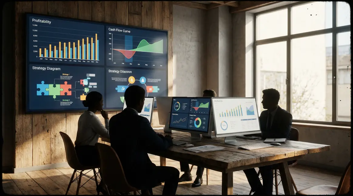 Tableau de bord financier entreprise avec graphiques tresorerie et rentabilite