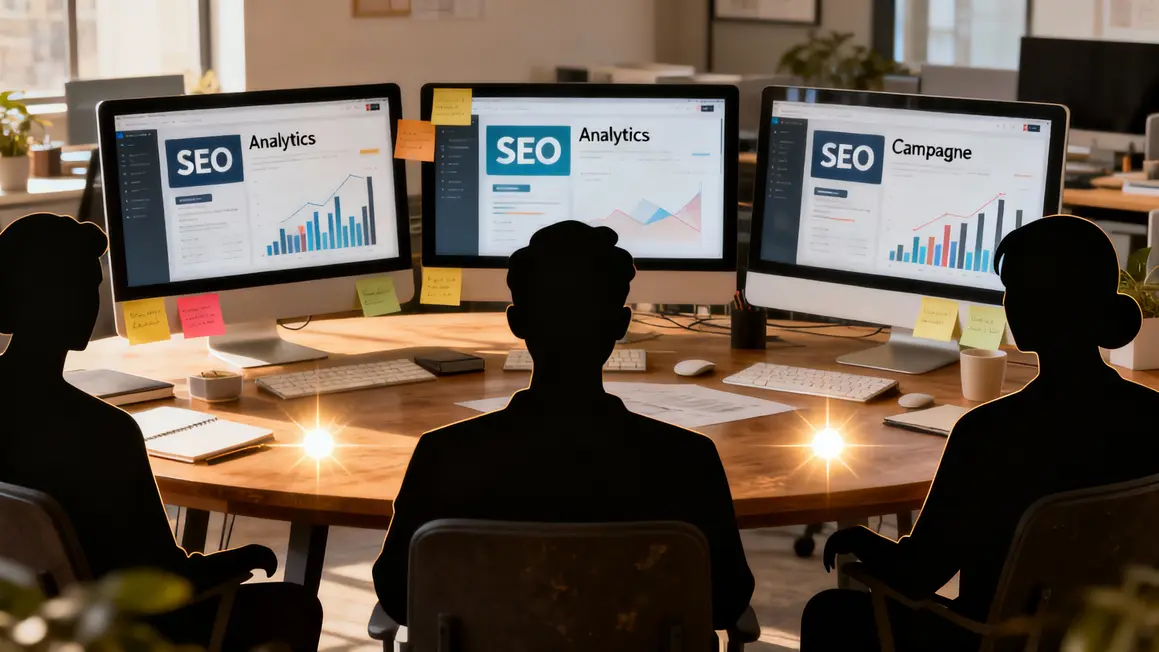 Bureau alternance marketing digital, équipe, écrans SEO