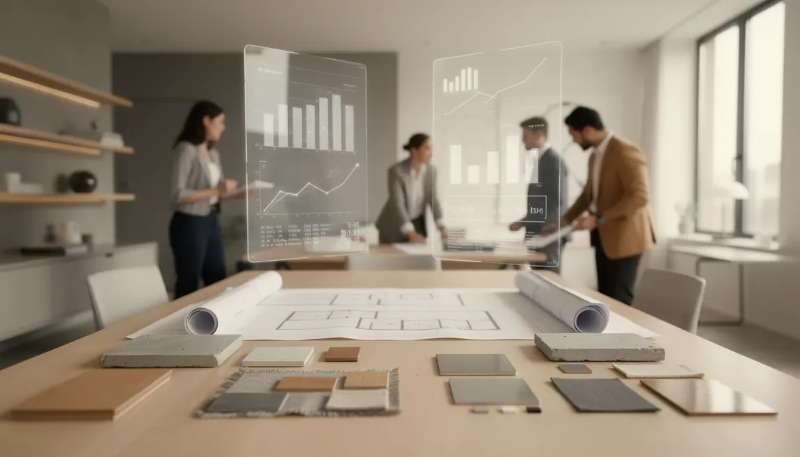 Scène architecte intérieur moderne avec plans et graphiques salaires