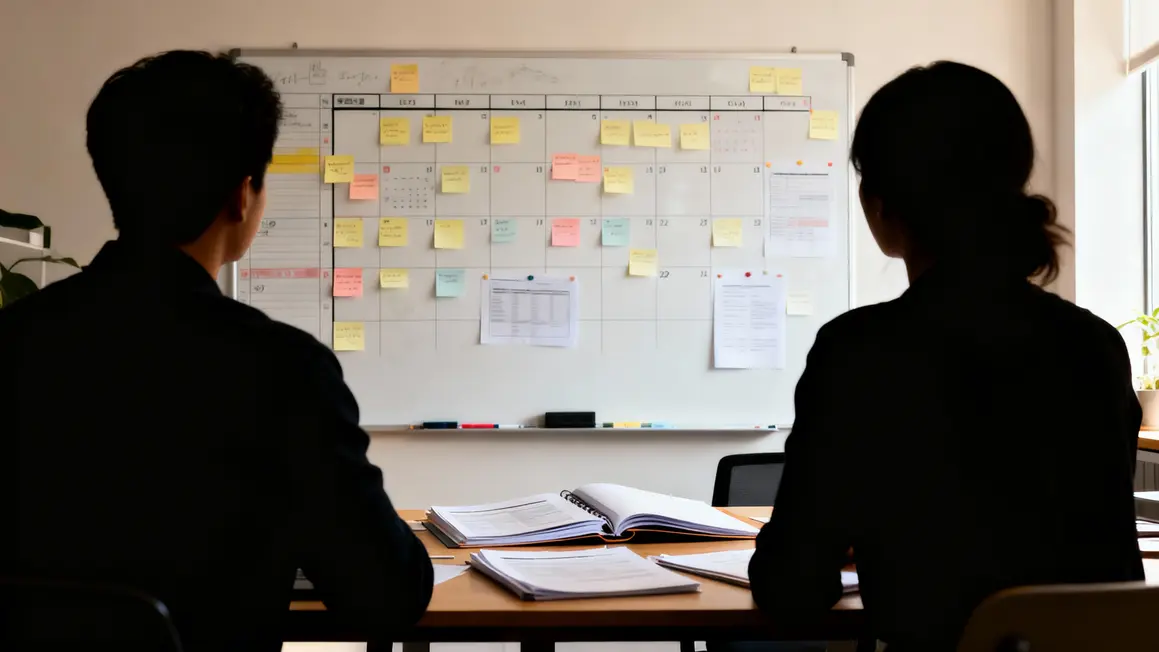 Collaboration tableau blanc, dossiers, assistant administratif