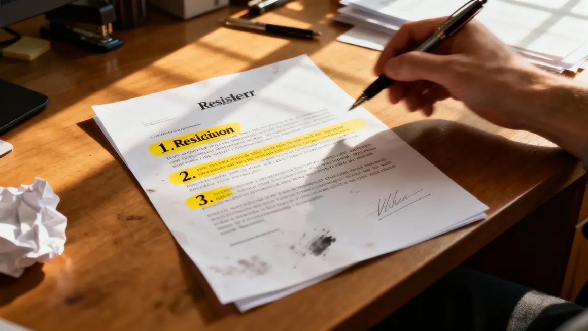 Lettre de demission sur bureau avec etapes surlignees