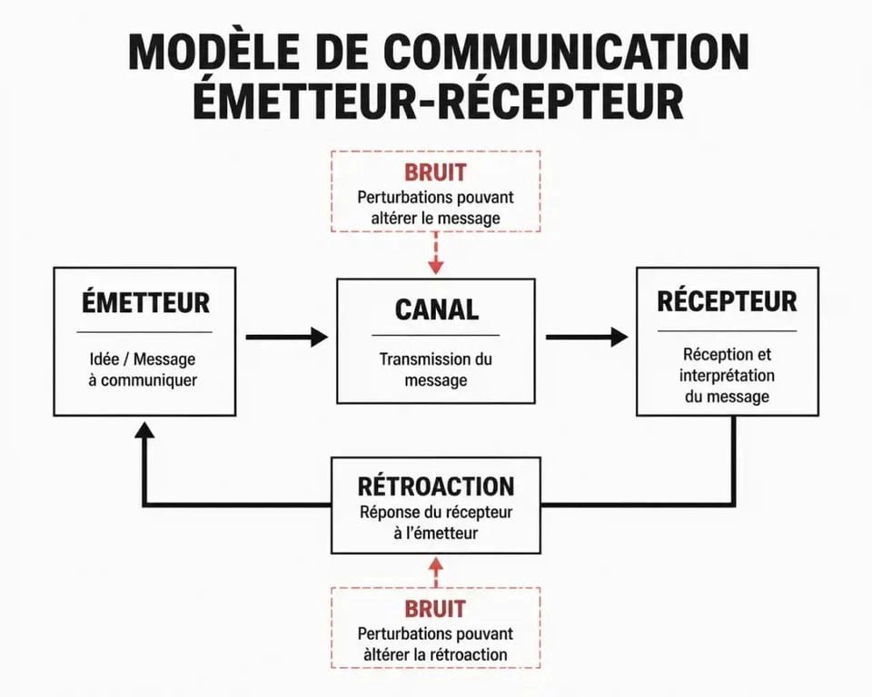 Schéma du modèle de communication émetteur-récepteur illustrant le processus de transmission et de rétroaction