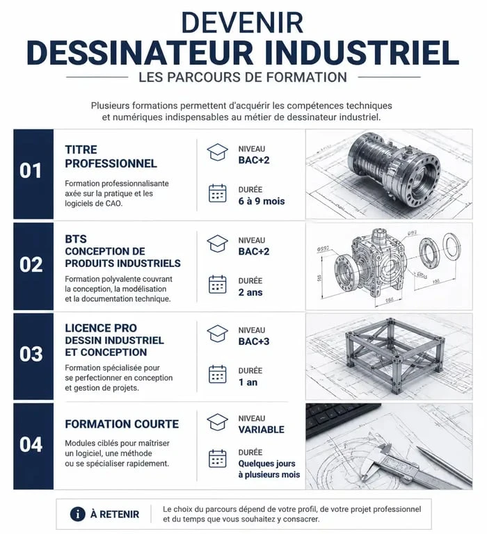 Infographie des parcours de formation pour devenir dessinateur industriel