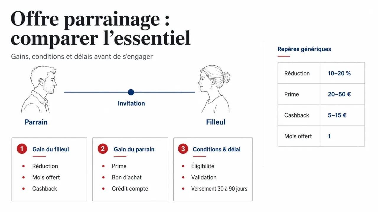 Illustration éditoriale d'une offre parrainage avec comparaison des gains du parrain et du filleul