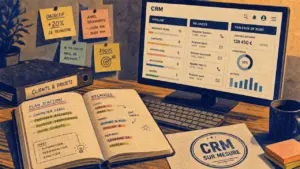CRM sur mesure : écran CRM et pipeline, relances, tableaux de bord sur bureau