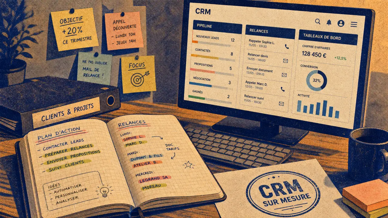 CRM sur mesure : écran CRM et pipeline, relances, tableaux de bord sur bureau