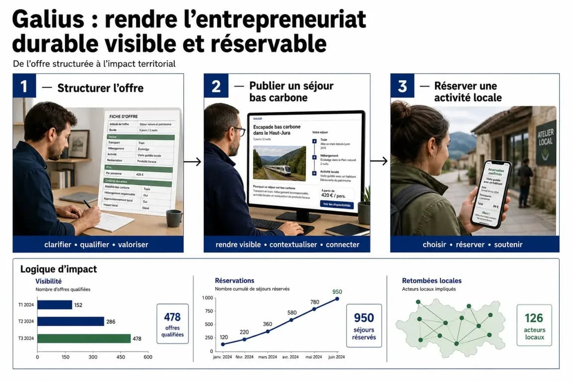 Galius entreprendre : schéma éditorial de la plateforme reliant porteurs de projet, professionnels du tourisme et voyageurs engagés