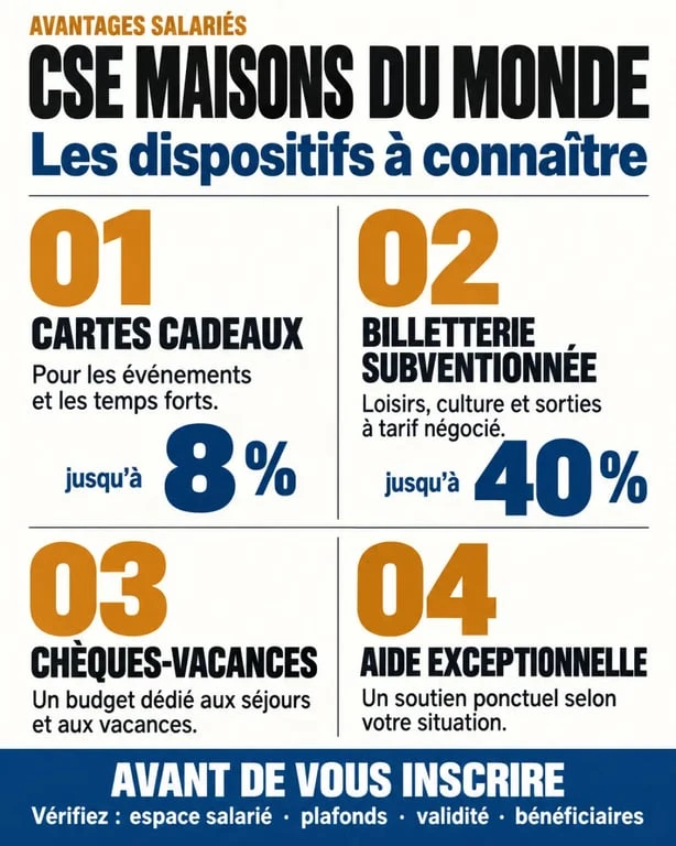 Infographie sur les avantages du CSE Maisons du Monde, cartes cadeaux, billetterie et chèques-vacances
