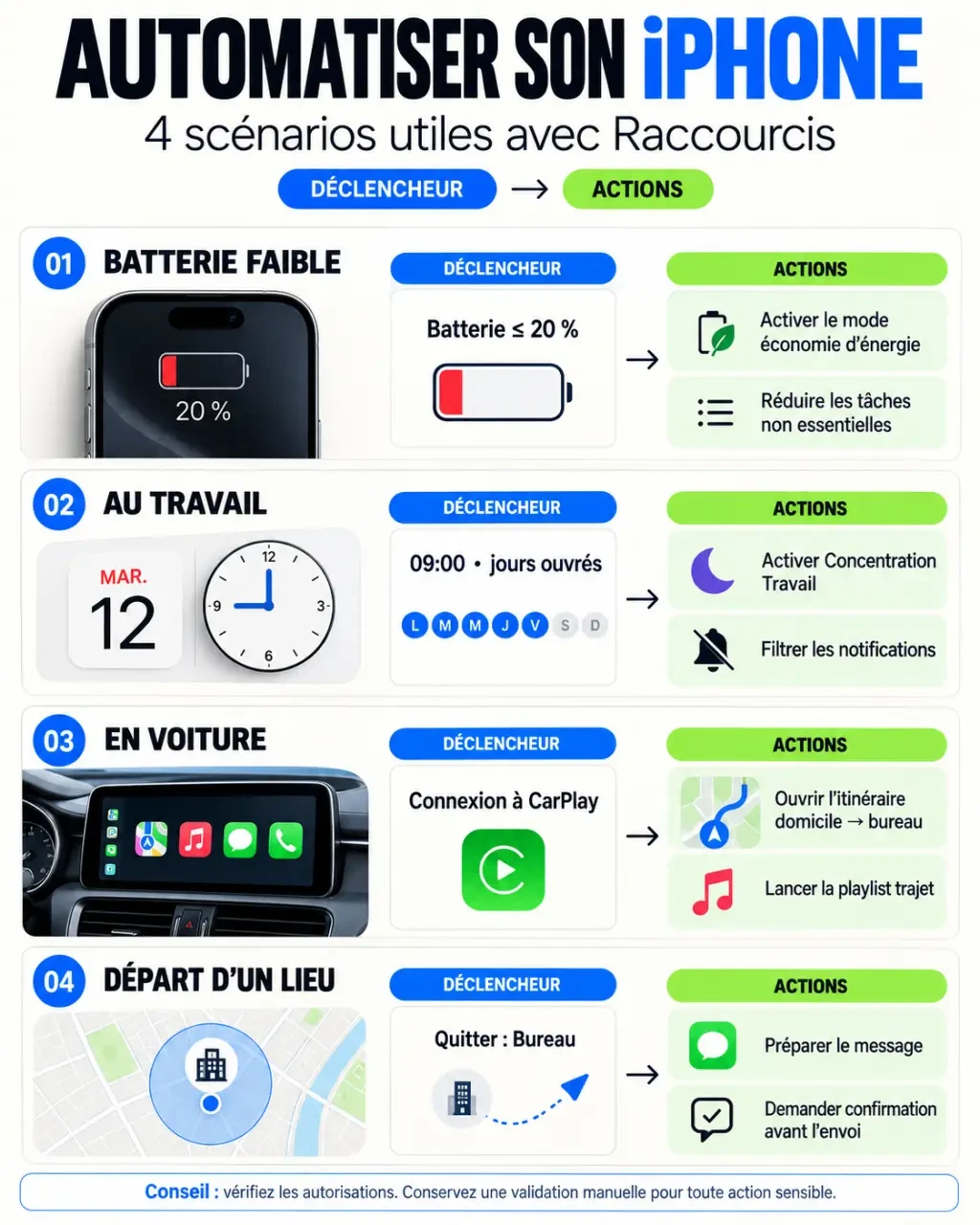 Infographie des meilleures automatisations iPhone avec Raccourcis selon le déclencheur et l’action